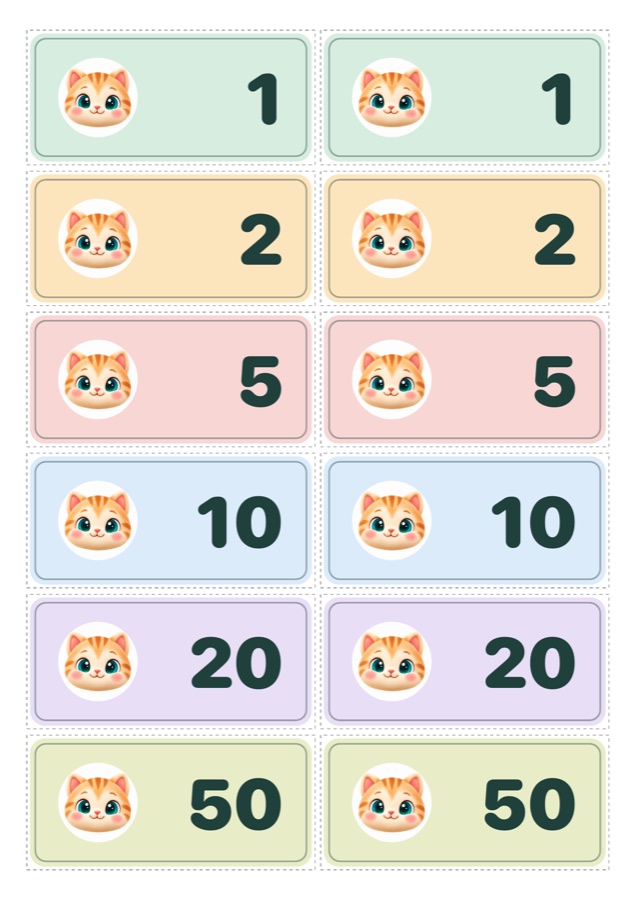 Printable Kitty’s Little Shop play-money sheet with kitty banknotes
